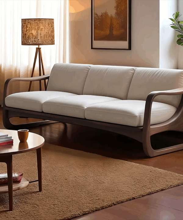 Curved Arm Solid Ash Wood Sofa for Modern Interiors