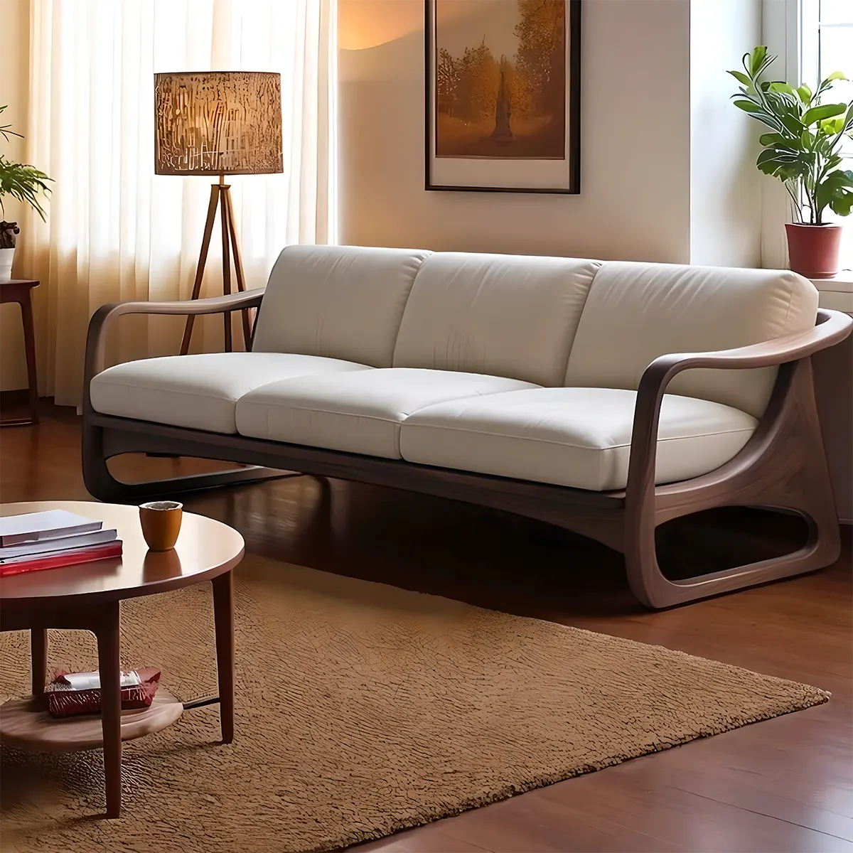 Curved Arm Solid Ash Wood Sofa for Modern Interiors