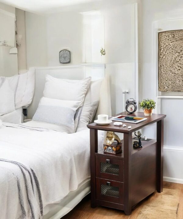 Compact Solid Dark Wood Side Table with Storage Drawers and Lower Shelf