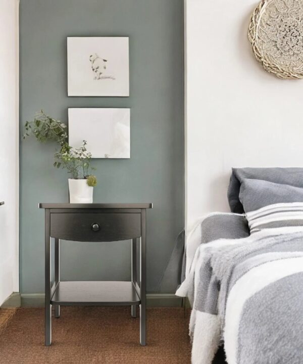 Minimalist Black Oak Nightstand with Drawer and Open Display Shelf
