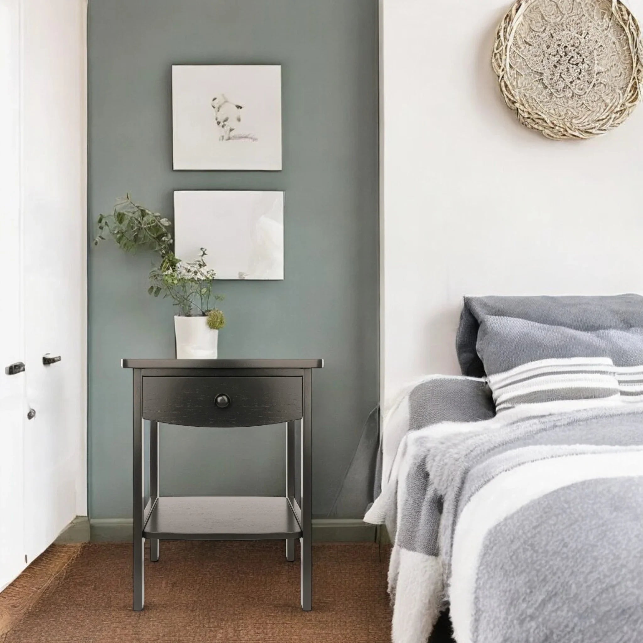 Minimalist Black Oak Nightstand with Drawer and Open Display Shelf